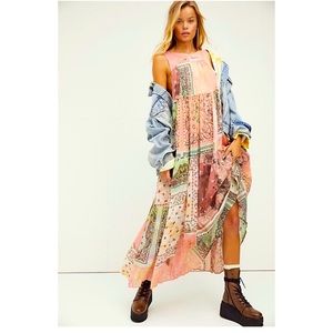 NWT  Rare Free People Bandana Rama Patchwork Print Maxi Dress Large Pink